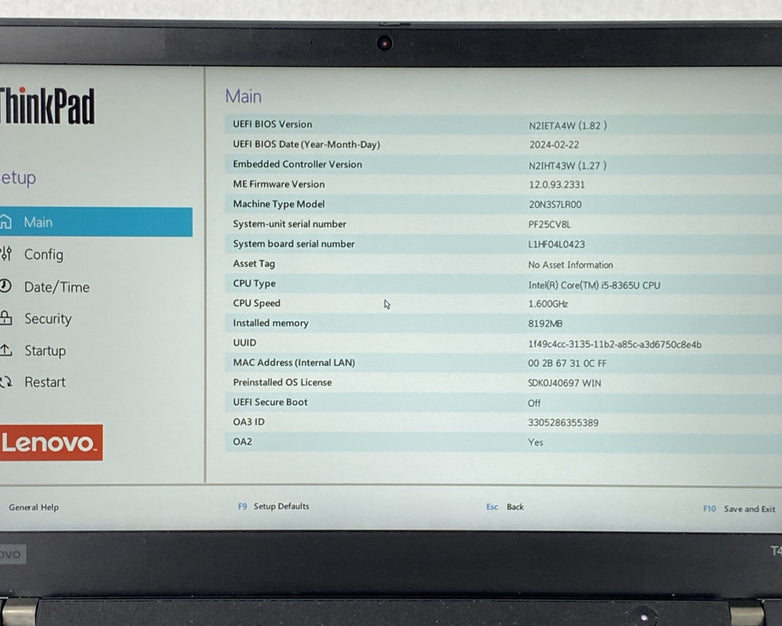 Lenovo ThinkPad T490 Core i5-8365U 1.60 GHz 8 GB RAM 14" No Battery No HDD No OS