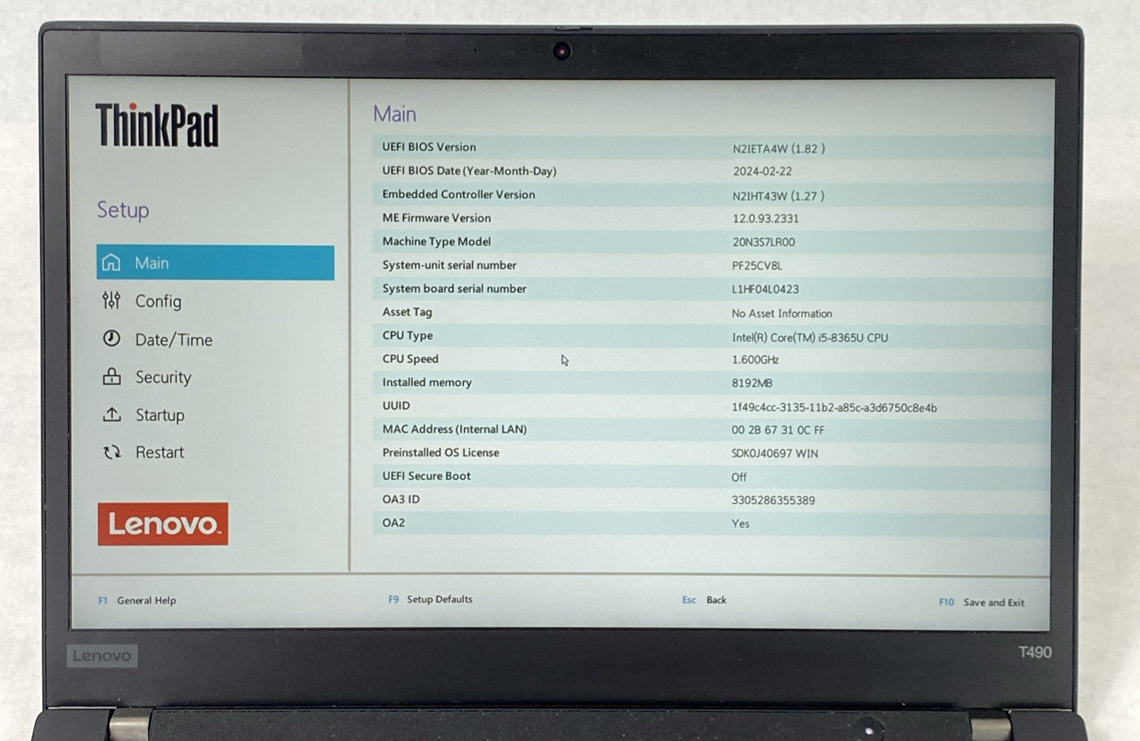 Lenovo ThinkPad T490 Core i5-8365U 1.60 GHz 8 GB RAM 14" No Battery No HDD No OS