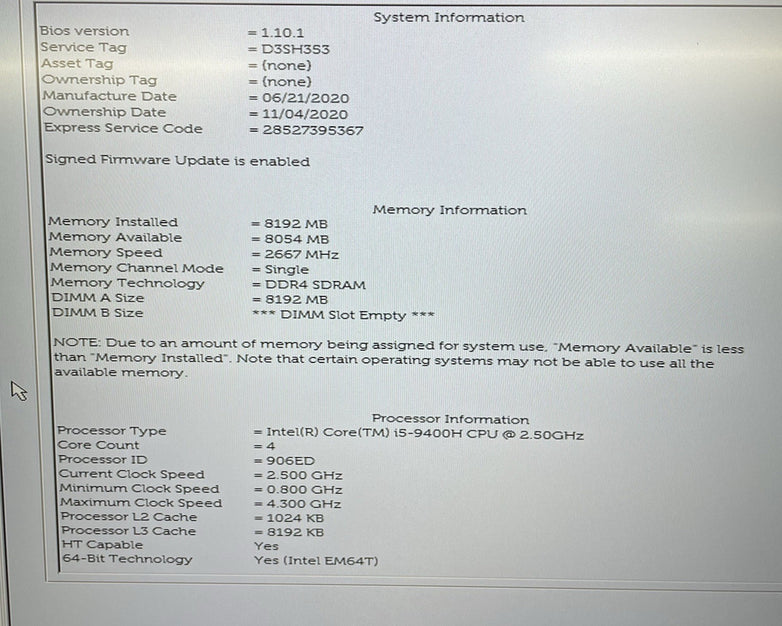 Dell Latitude 5501 15.6" i5-9400H 2.50 GHz 8 GB RAM No SSD/OS/AC