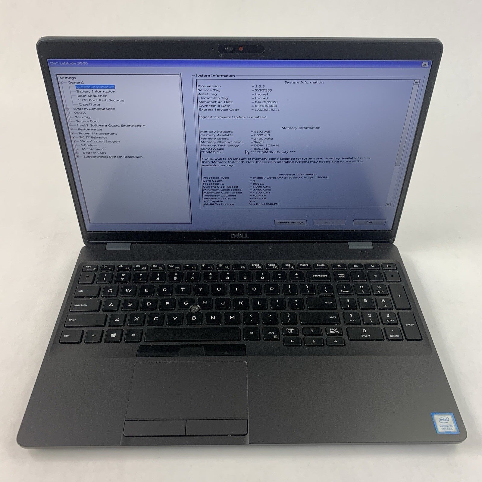 Dell Latitude 5500 15.6" Laptop i5-8365U 1.6 GHz 8 GB RAM No OS/SSD/AC1