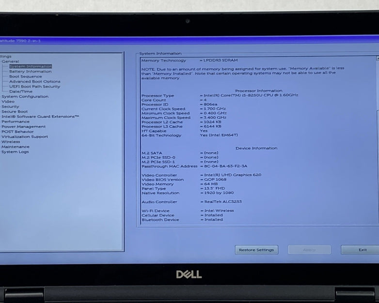 Dell Latitude 7390 2 in 1  13.3" Touch i5-8250U 1.6GHz 8GB RAM No Battery/HDD/OS