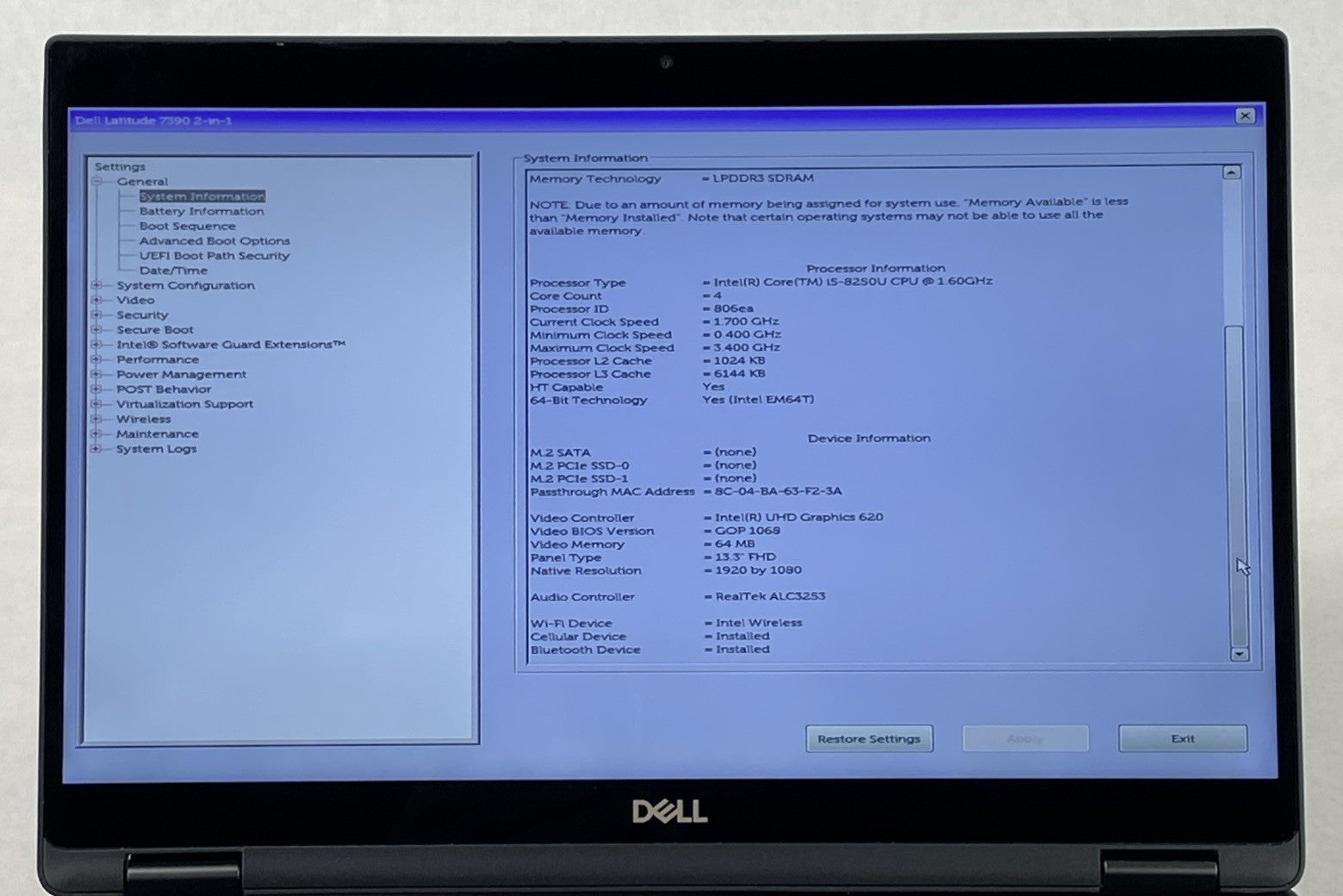 Dell Latitude 7390 2 in 1  13.3" Touch i5-8250U 1.6GHz 8GB RAM No Battery/HDD/OS