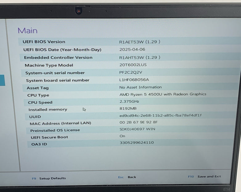 Lenovo ThinkPad E14 Gen 2 Ryzen 5 4500U 2.375 GHz 8GB Ram No OS/SSD/AC/Batt Chip