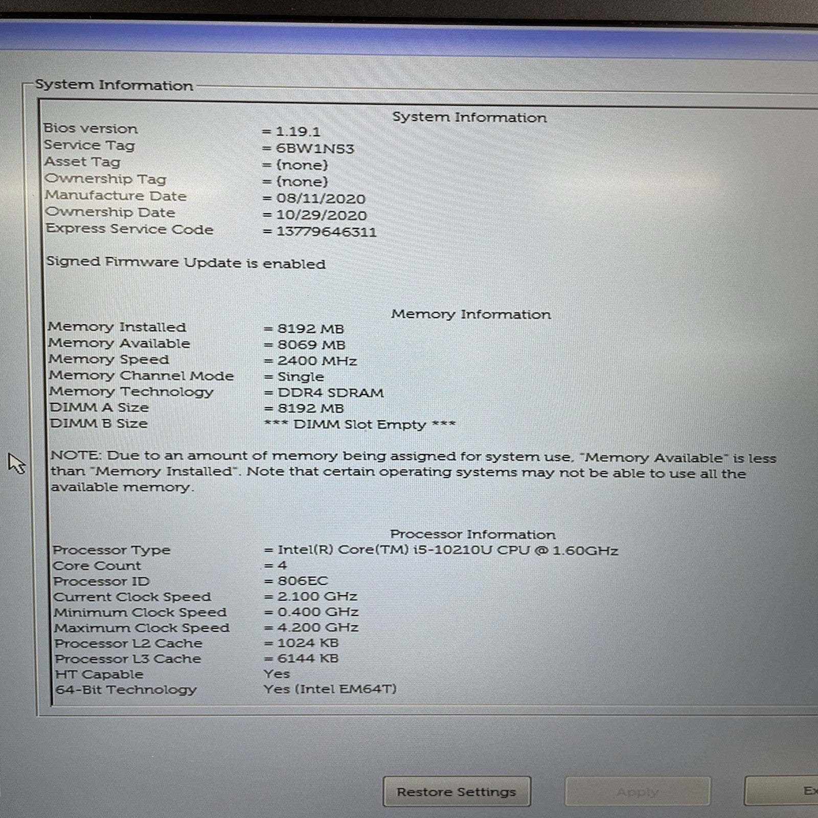 Dell Latitude 5510 15.6" i5-10210U 1.6GHz 8GB RAM No SSD/OS/AC/Batt - Bad Bottom2