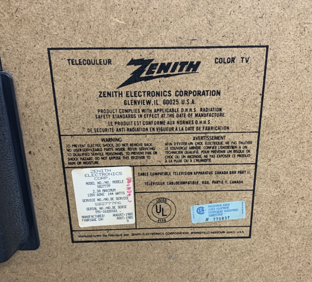 Zenith TV SB2777P 1985 Advanced System 3 Color Television Built in Speakers