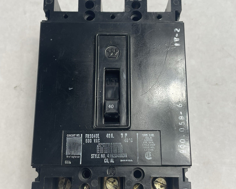 Westinghouse Circuit Breaker FB3040L 3-Pole 40A 600VAC Untested