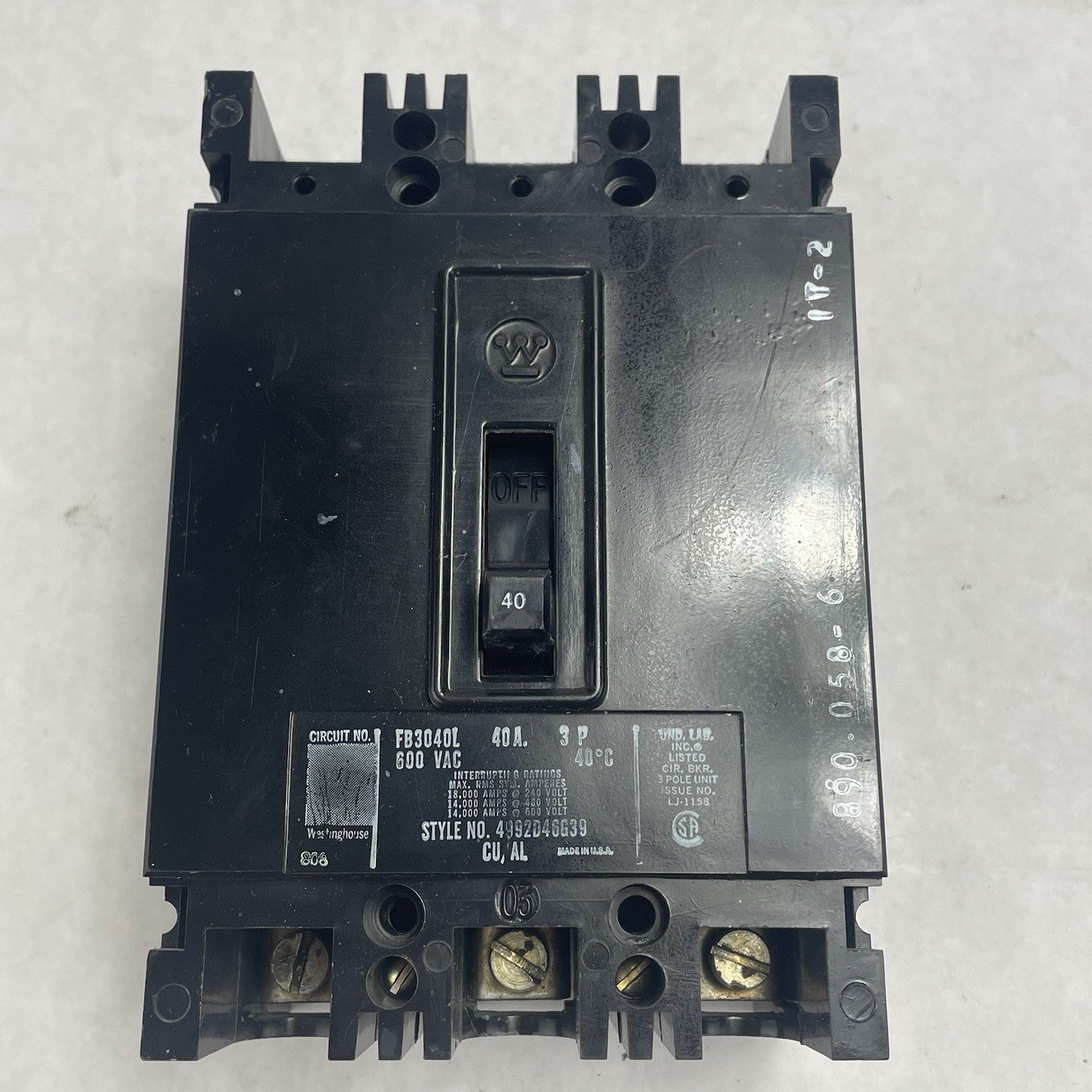 Westinghouse Circuit Breaker FB3040L 3-Pole 40A 600VAC Untested1