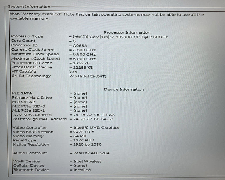 Dell Precision 3551 15.6" i7-10750H 2.60 GHz 16 GB RAM No SSD/OS/AC