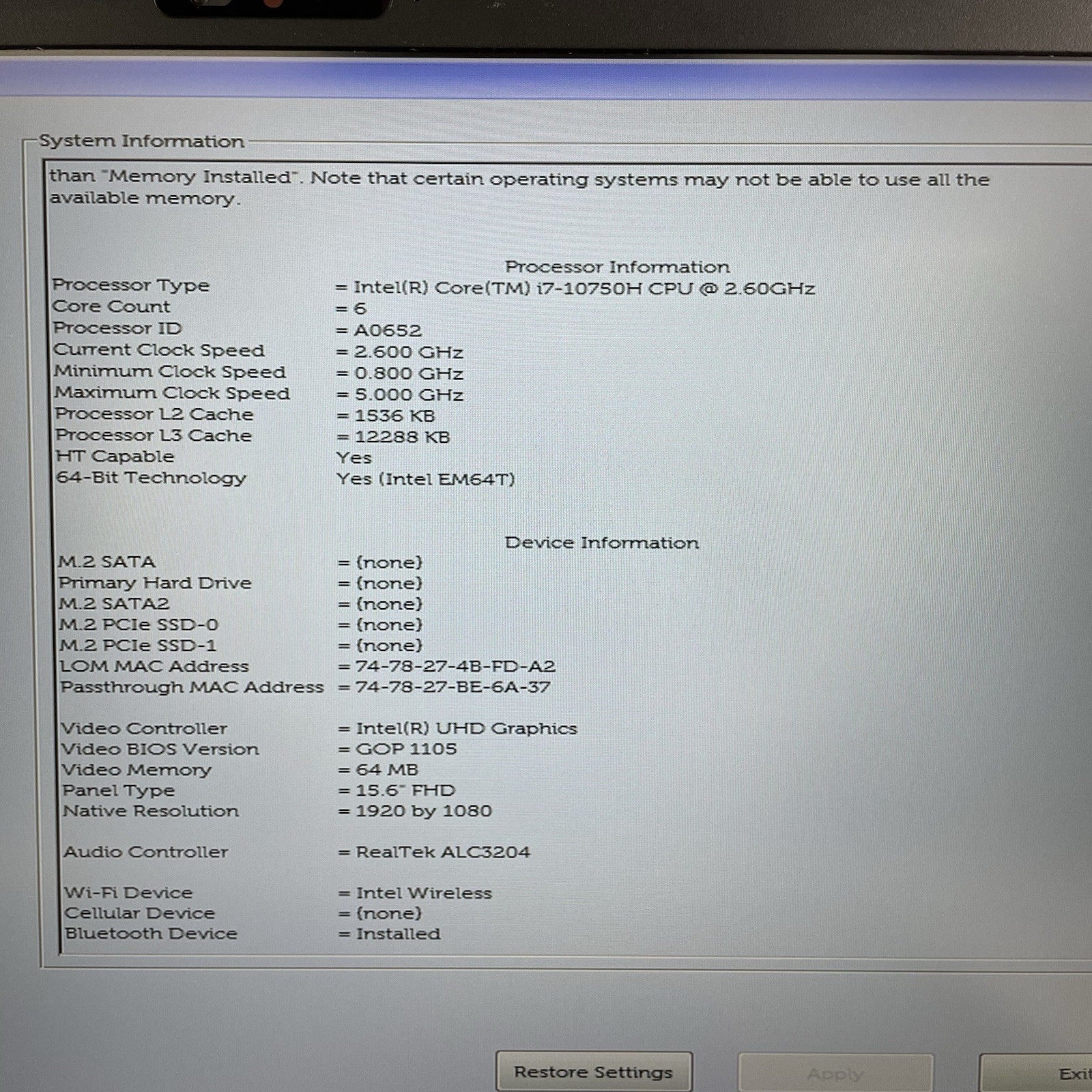 Dell Precision 3551 15.6" i7-10750H 2.60 GHz 16 GB RAM No SSD/OS/AC4