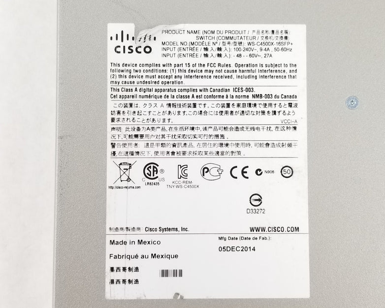 Cisco Catalyst 4500-X WS-C4500X-16SFP+ V03 16-Port 10GB Network Switch 2x 750W