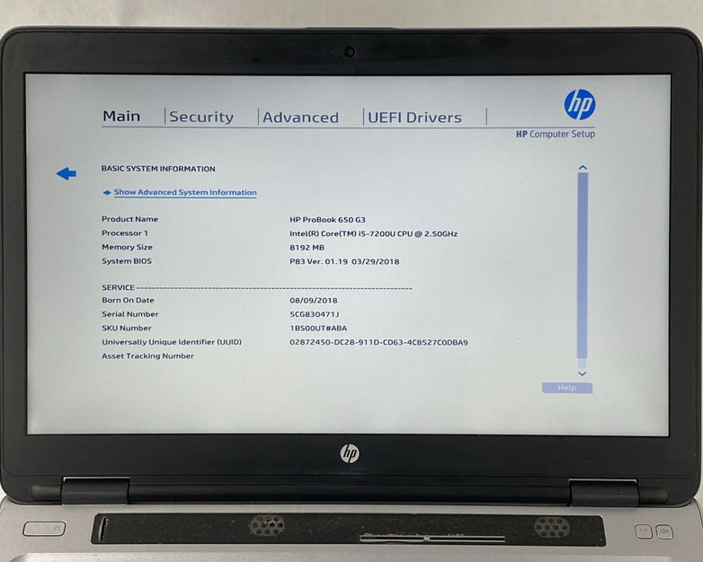 HP ProBook 650 G3 Intel Core i5-7200U 2.50 GHz 8 GB RAM 15.6" No HDD No OS