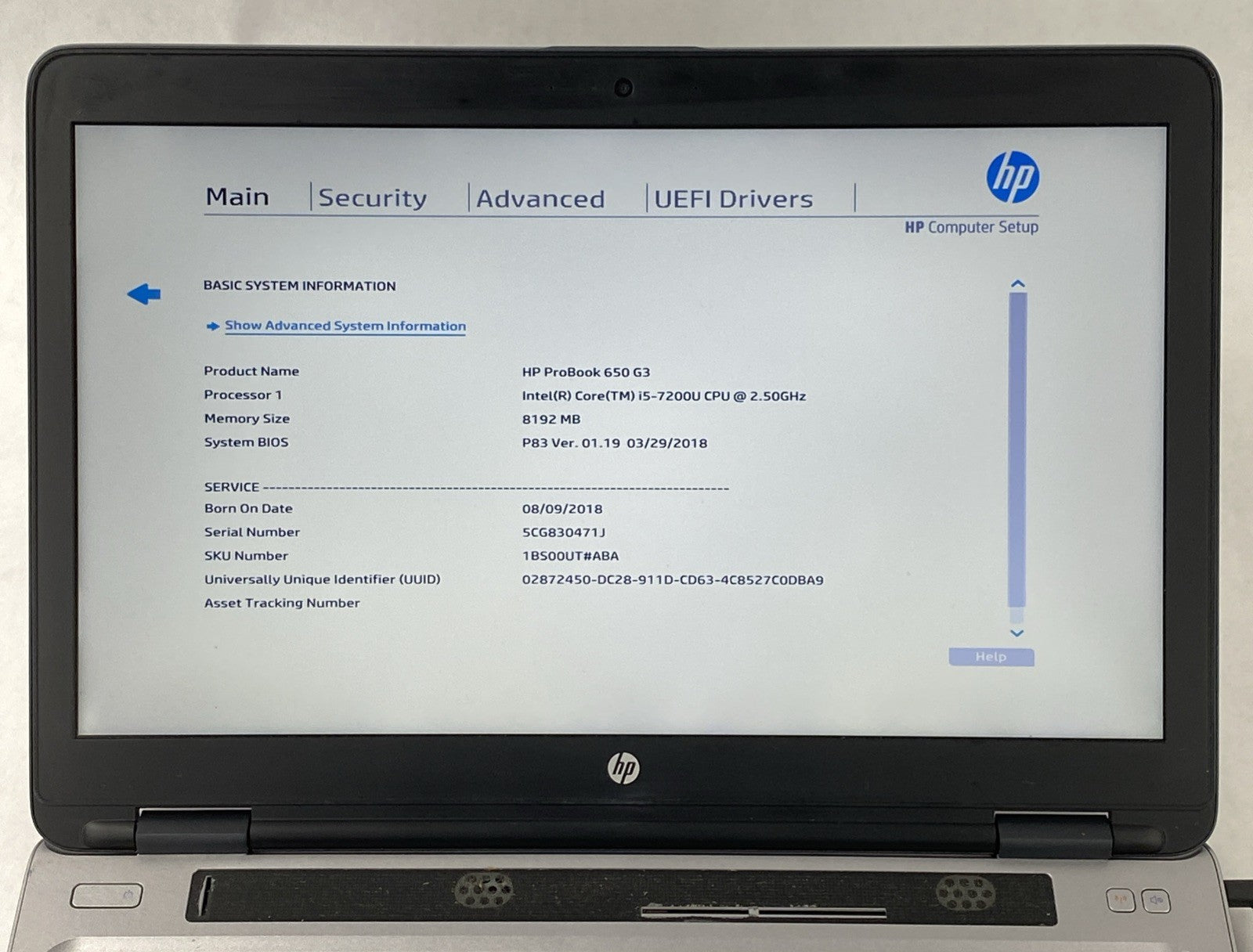 HP ProBook 650 G3 Intel Core i5-7200U 2.50 GHz 8 GB RAM 15.6" No HDD No OS