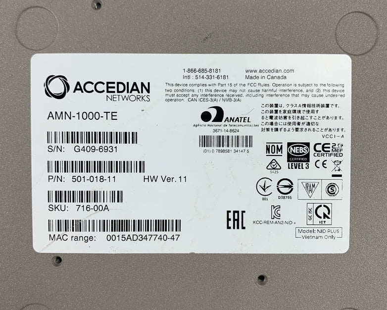 Accedian AMN-1000-TE-H MetroNID Network Interface Device Tested Reset No AC
