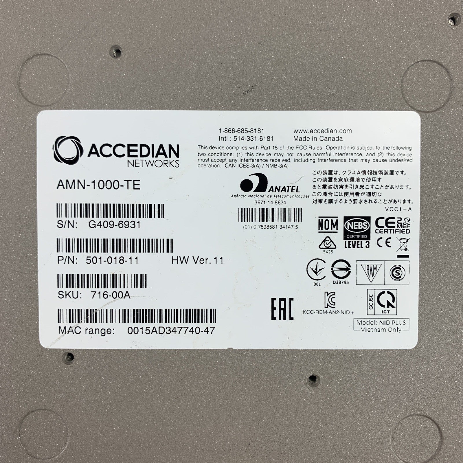 Accedian AMN-1000-TE-H MetroNID Network Interface Device Tested Reset No AC