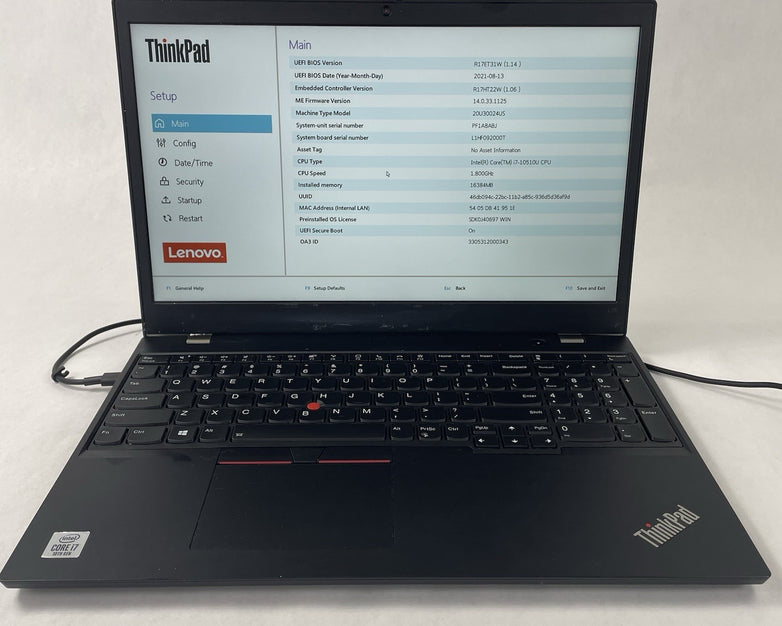 Lenovo Thinkpad L15 Gen 1 15.6" i7-10510U 1.80 GHz 16 GB RAM No HDD No OS READ