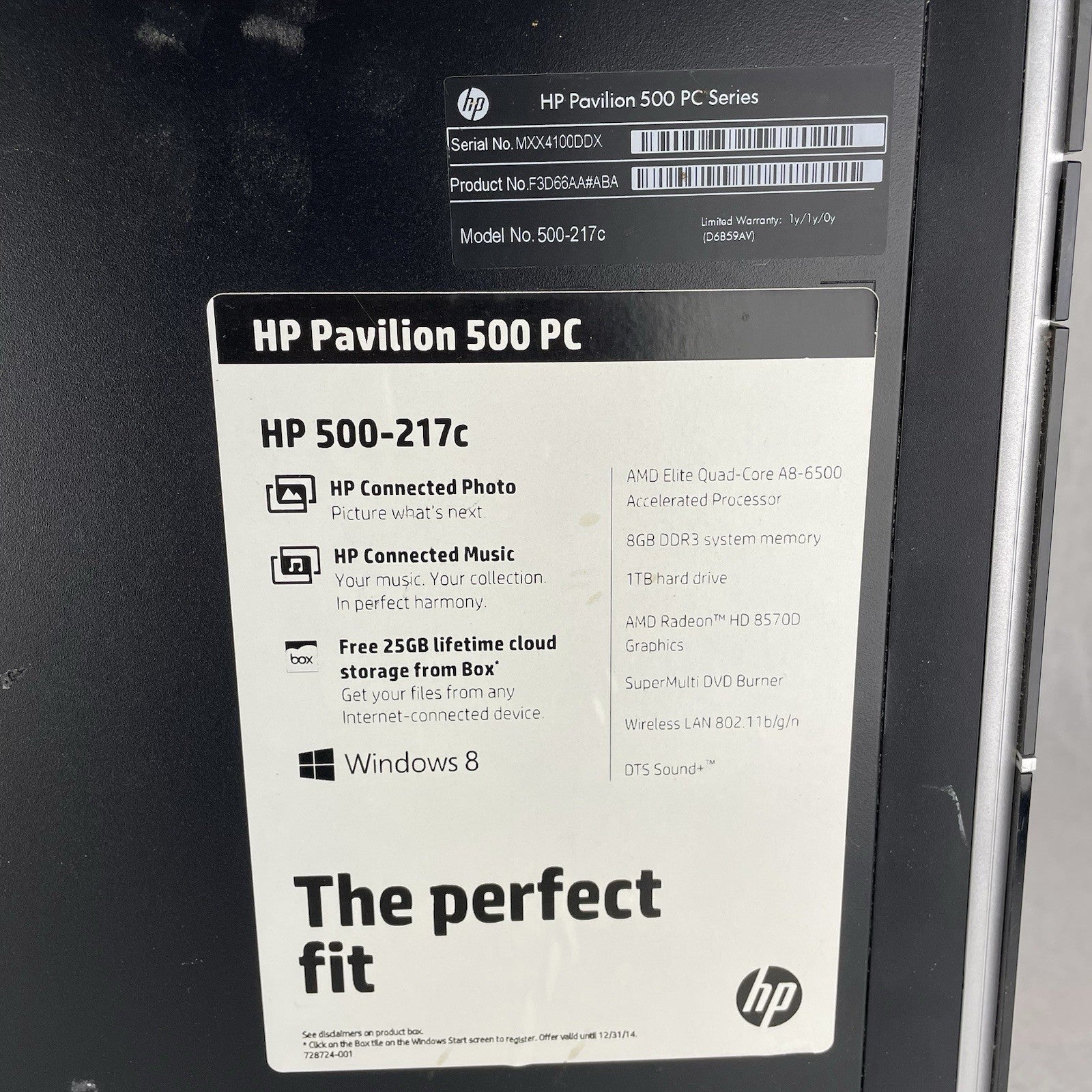 HP Pavilion 500-267C MT AMD A8-6500 3.5 GHz 8 GB RAM No HDD No OS
