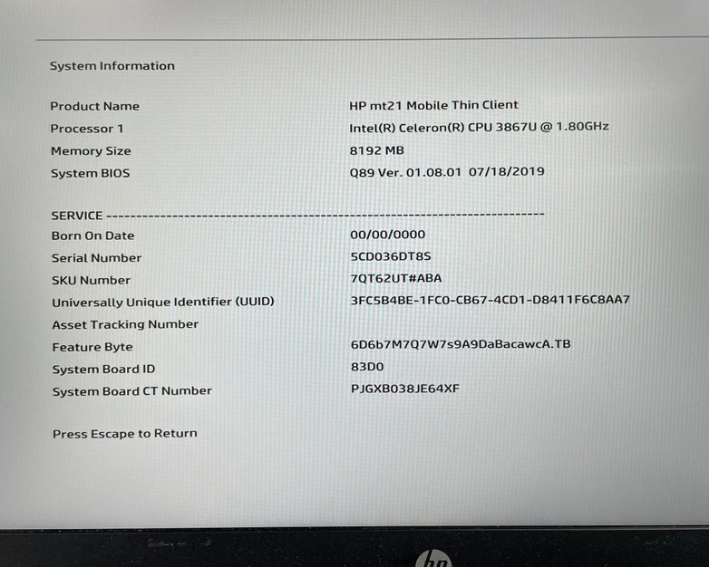 HP mt21 Client 14" Celeron 3867U 1.80 GHz 8 GB RAM No SSD/OS/AC - Hinge Cover