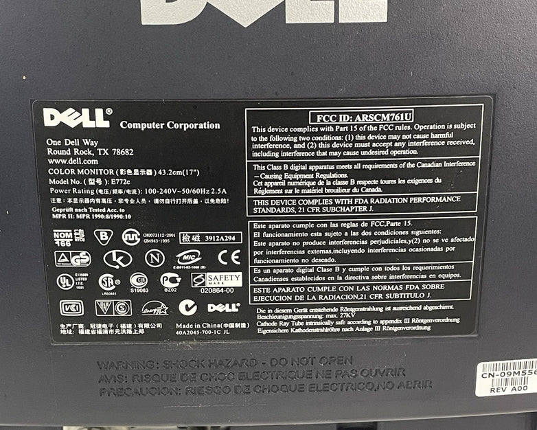 Dell E772c 17" Color CRT VGA SVGA Computer Monitor For Parts Or Repair