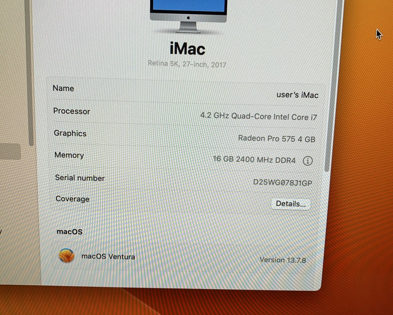 Apple iMac A1419 2017 27" Retina 5k 4.2GHz i7 16GB RAM 250GB SSD 13.7.8 Ventura