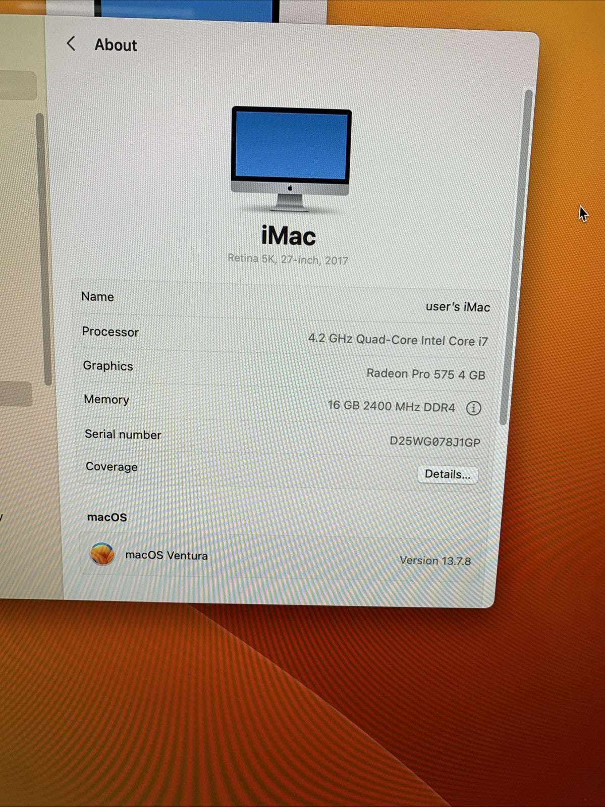 Apple iMac A1419 2017 27" Retina 5k 4.2GHz i7 16GB RAM 250GB SSD 13.7.8 Ventura2