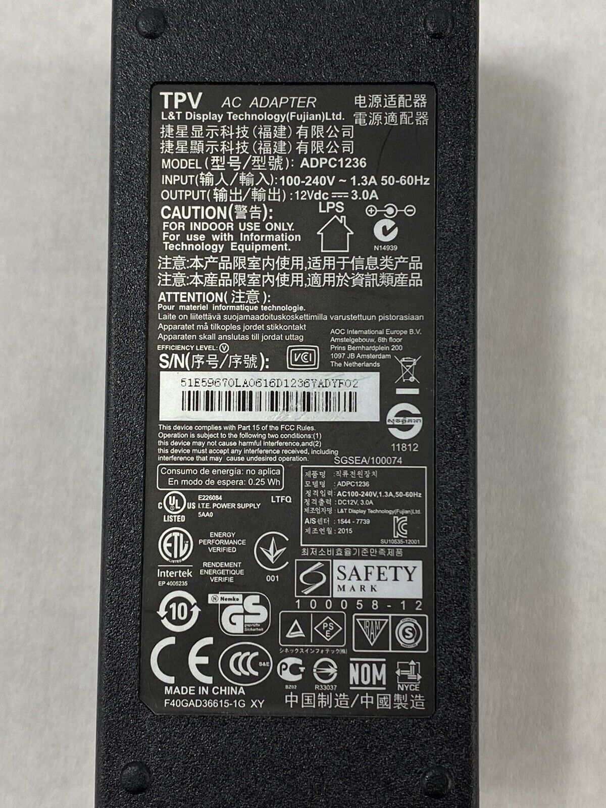 Lot of 2 TPV ADPC1236 12V 3.0A AC Adapter