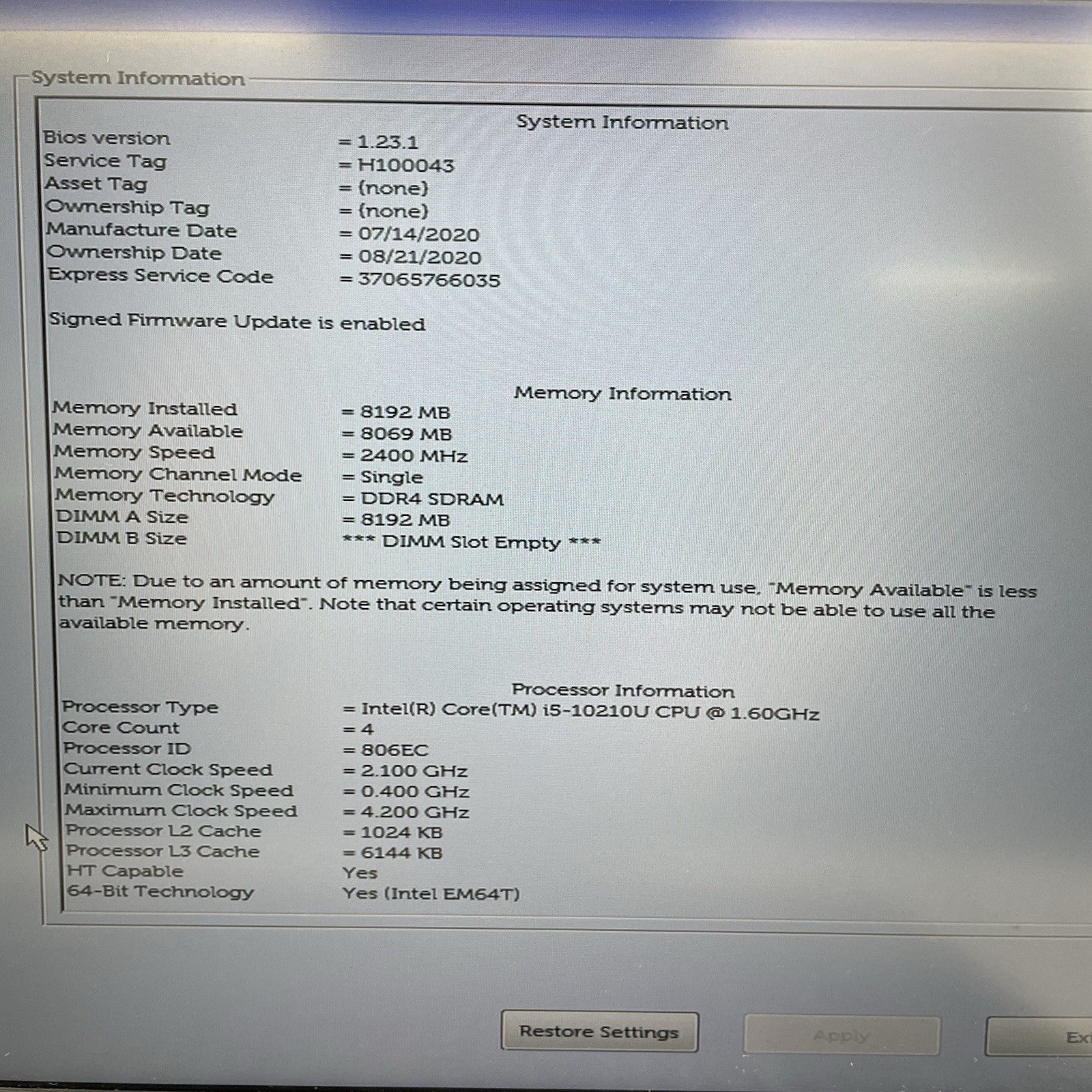 Dell Latitude 5510 15.6" i5-10210U 1.60 GHz 8 GB RAM No SSD/OS/AC/Batt2