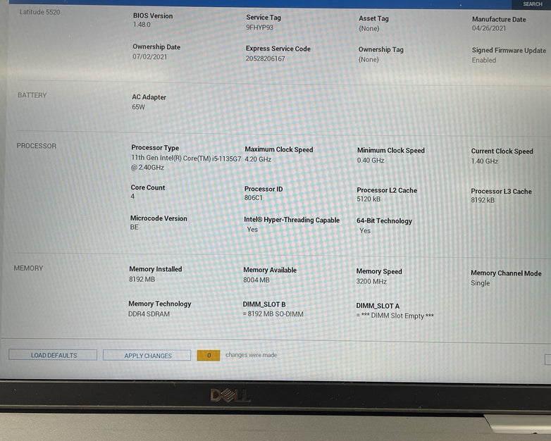 Dell Latitude 5520 15.6" i5-1135G7 2.40 GHz 8 GB RAM No SSD/OS/AC/Batt - Worn