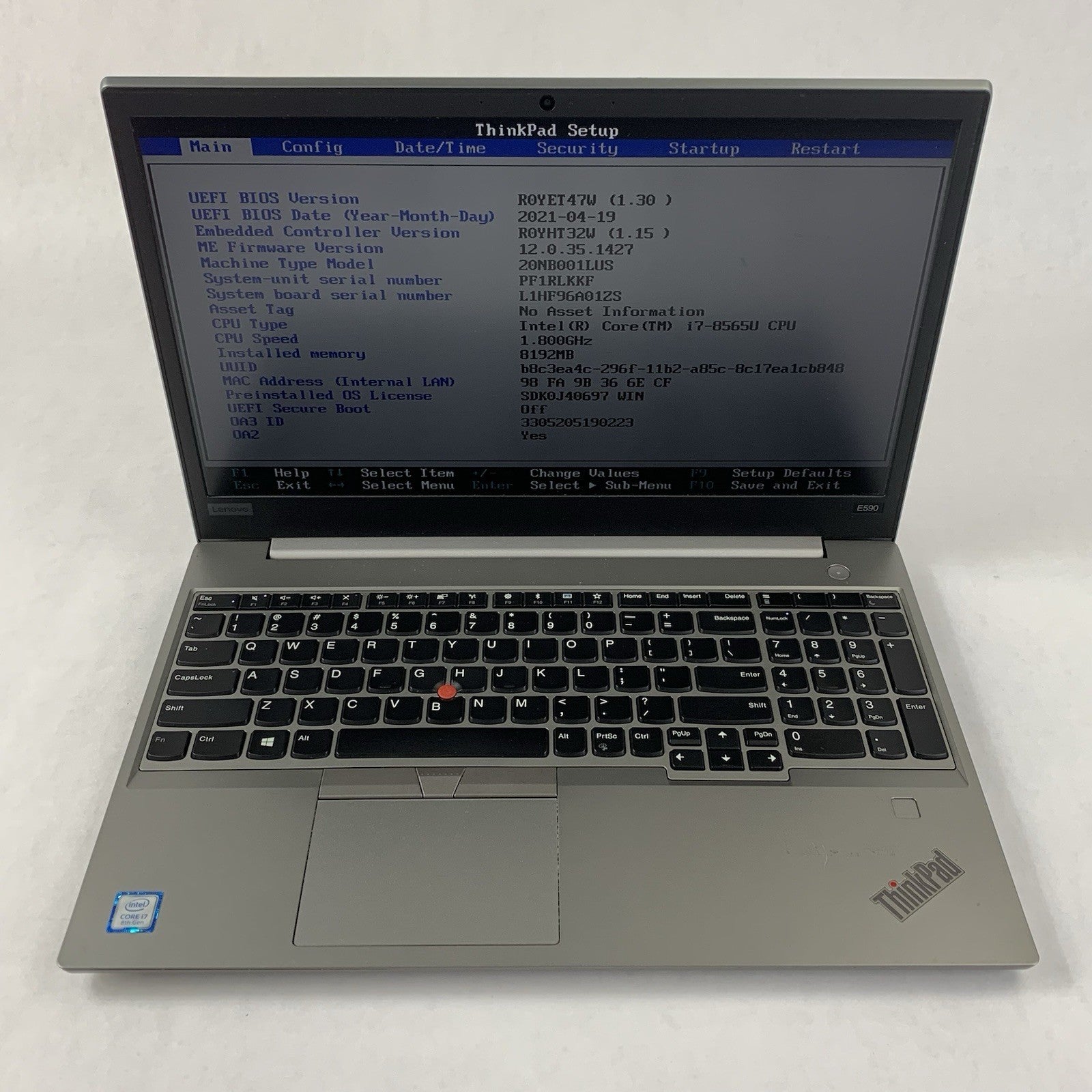 Lenovo Thinkpad E590 15.6" Laptop I7-8565U 1.80 GHZ 8 GB RAM No OS/HDD/AC/CMOS1