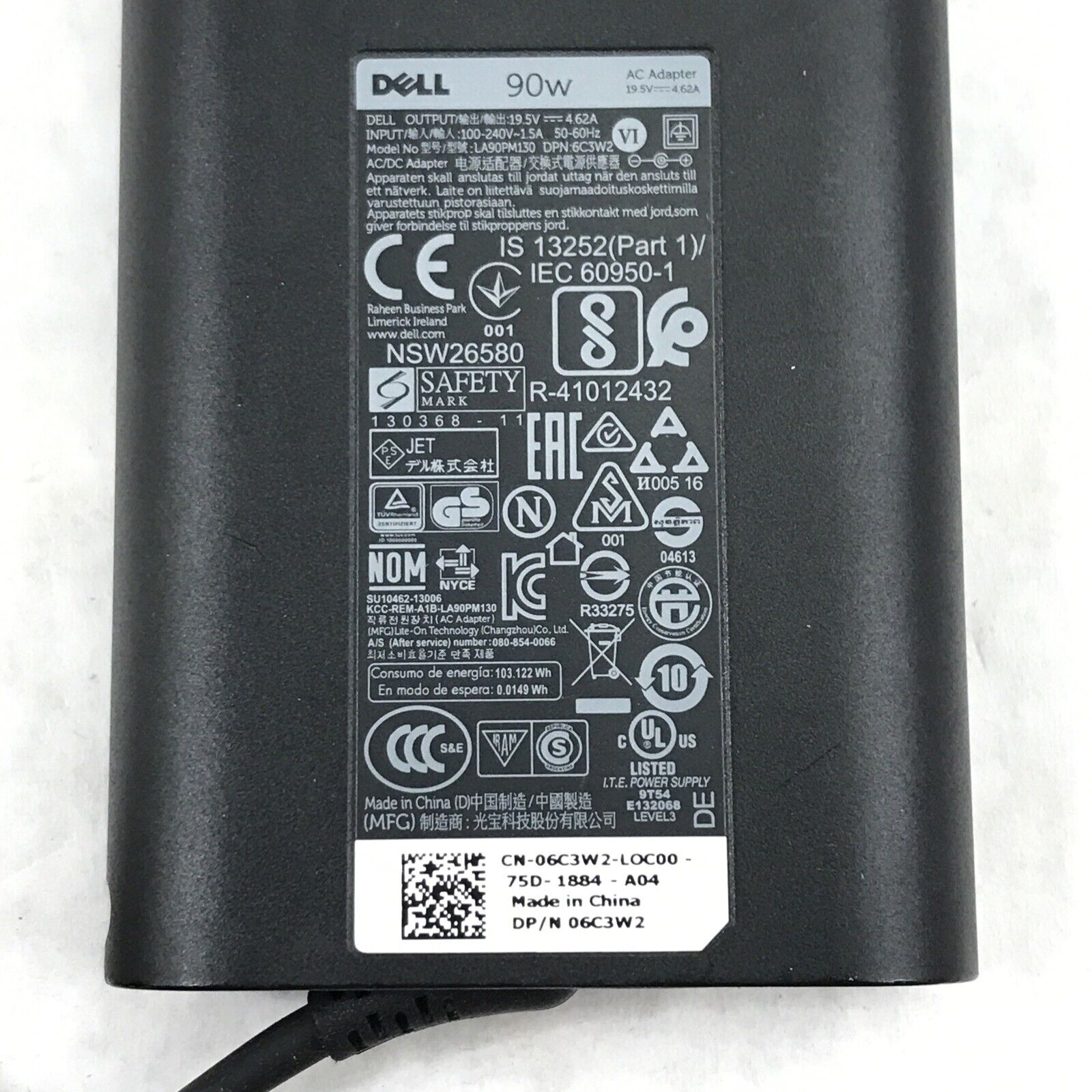 Dell 06C3W2 LA90PM130 90W 19.5V Slim AC Adapter Charger 0C9HYX