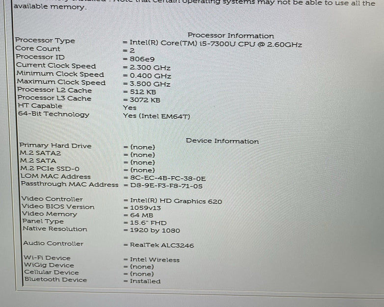 Dell Latitude 5580 15.6" i5-7300U 2.60 GHz 8 GB RAM No SSD/OS/AC