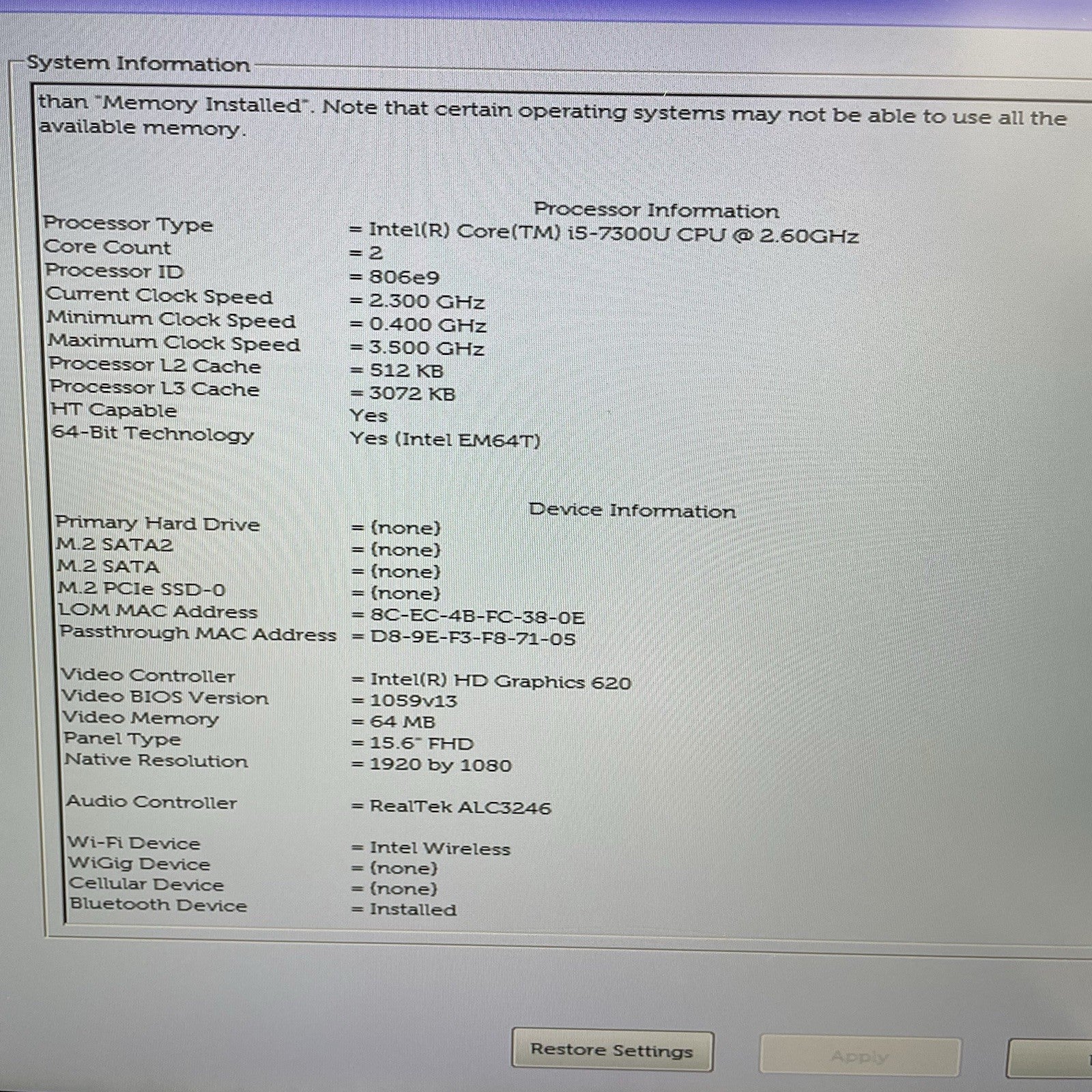 Dell Latitude 5580 15.6" i5-7300U 2.60 GHz 8 GB RAM No SSD/OS/AC3