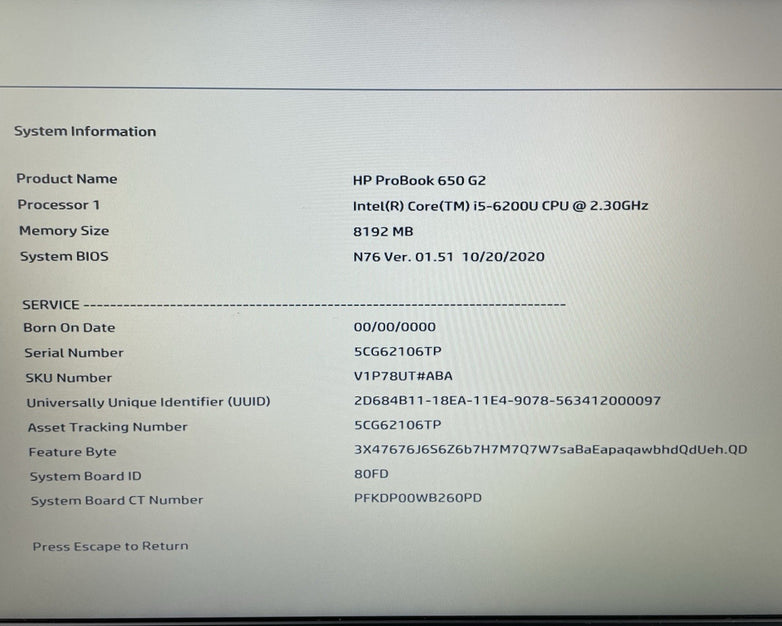 HP ProBook 650 G2 15.6" i5-6200U 2.30 GHz 8 GB RAM No SSD/OS/AC/Batt