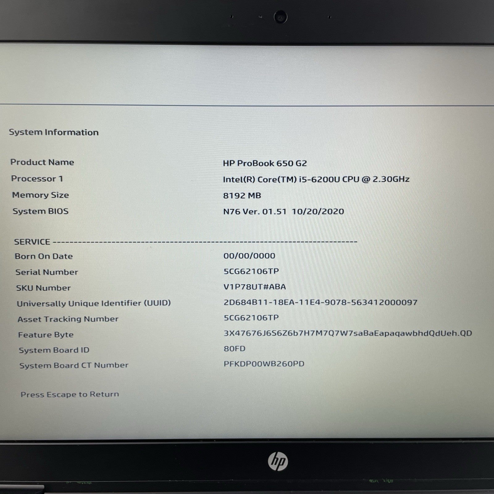 HP ProBook 650 G2 15.6" i5-6200U 2.30 GHz 8 GB RAM No SSD/OS/AC/Batt2