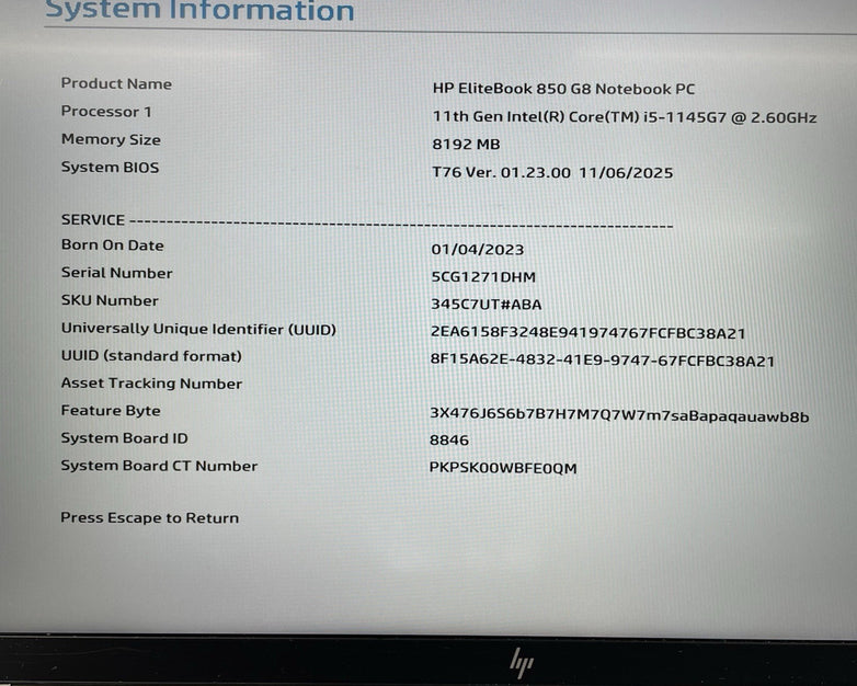 HP EliteBook 850 G8 15.6" i5-1145G7 2.60 GHz 8 GB RAM No SSD/OS/AC - READ