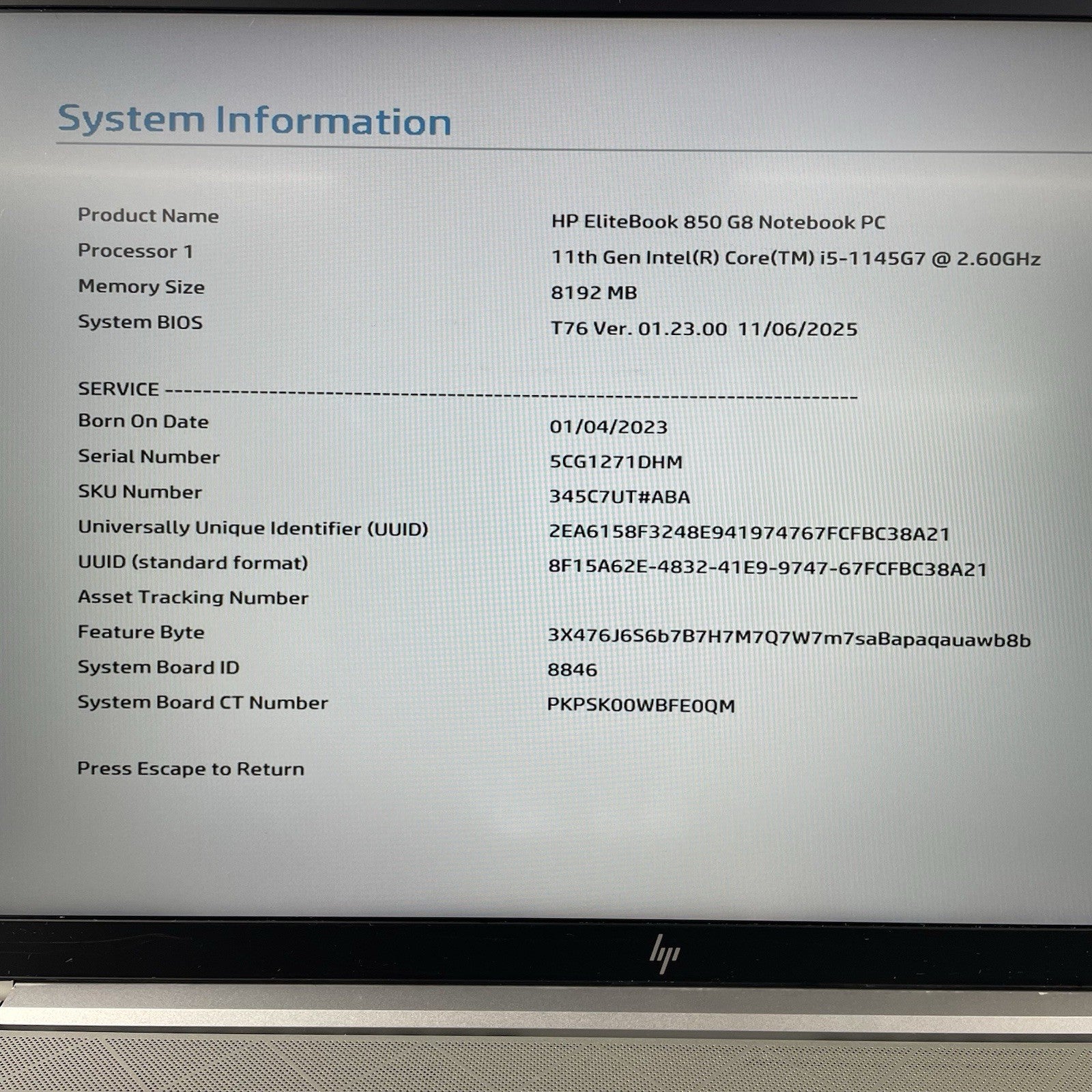 HP EliteBook 850 G8 15.6" i5-1145G7 2.60 GHz 8 GB RAM No SSD/OS/AC - READ2