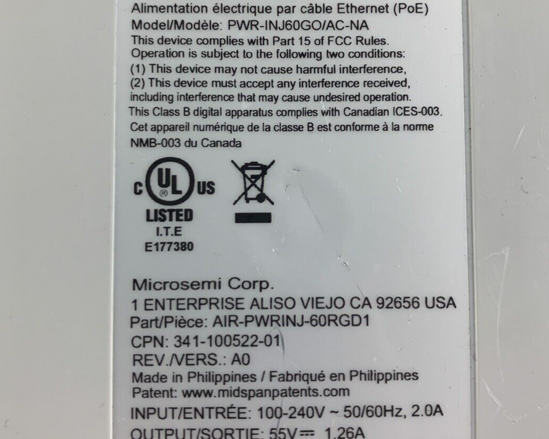 Microsemi PowerDsine PWR-INJ60GO/AC-NA 1-Port 60W Gigabit PoE Outdoor Midspan
