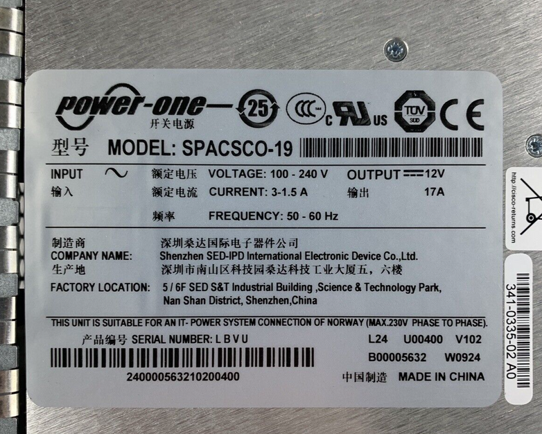 Power One Model SPACSCO-19 240V 12V 17A Power Supply Tested Genuine For Cisco