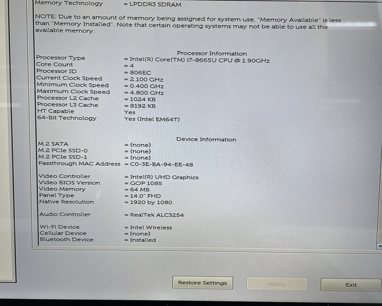 Dell Latitude 7400 2in1 14" i7-8665U 1.90 GHz 16 GB RAM No SSD/OS/AC/Batt