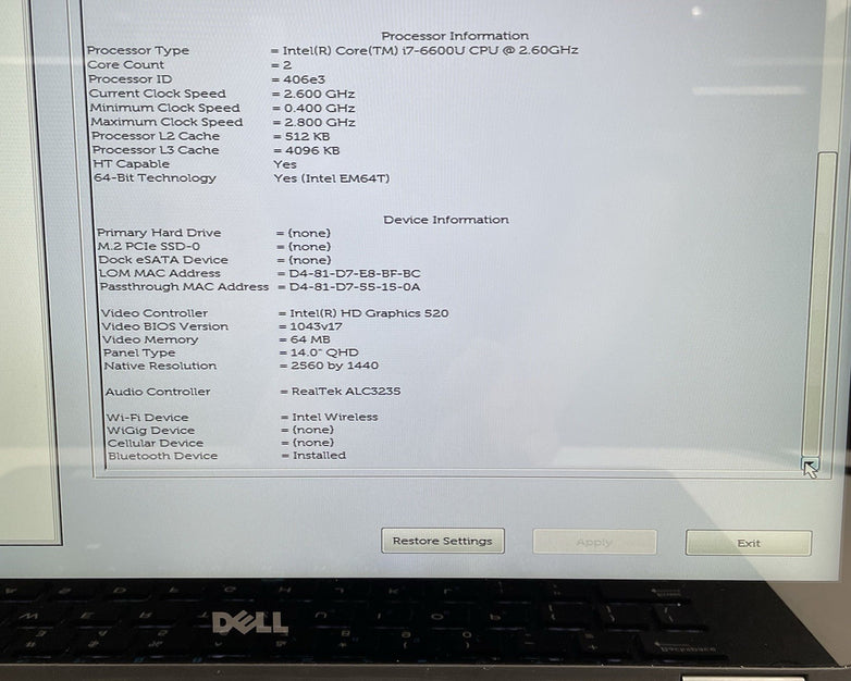 Dell Latitude E7470 14" i7-6600U 2.60 GHz 8 GB RAM No SSD/OS/AC/Batt