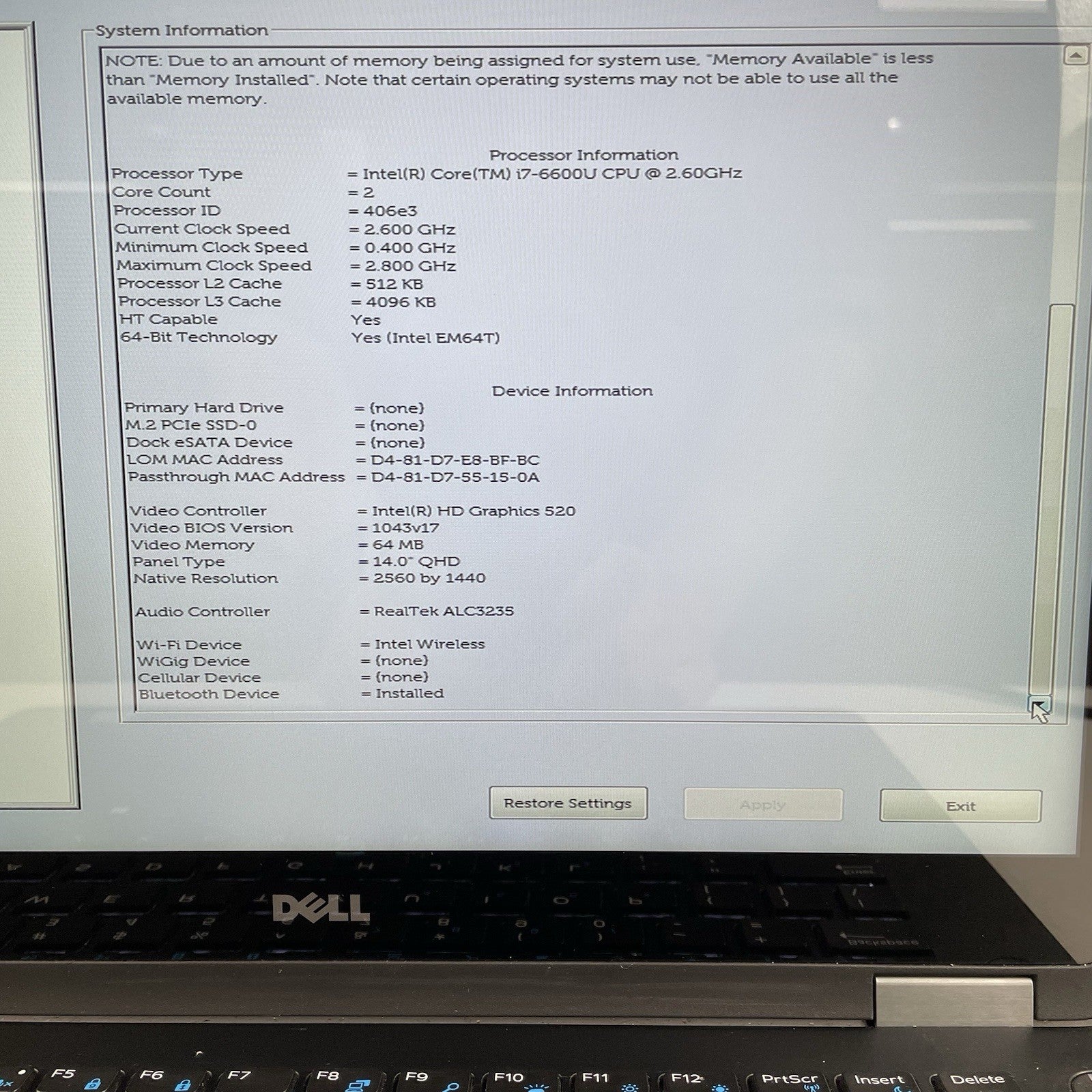 Dell Latitude E7470 14" i7-6600U 2.60 GHz 8 GB RAM No SSD/OS/AC/Batt3