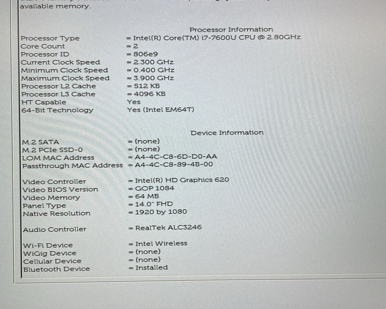 Dell Latitude 7480 14" i7-7600U 2.80 GHz 8 GB RAM No SSD/OS/AC/Batt