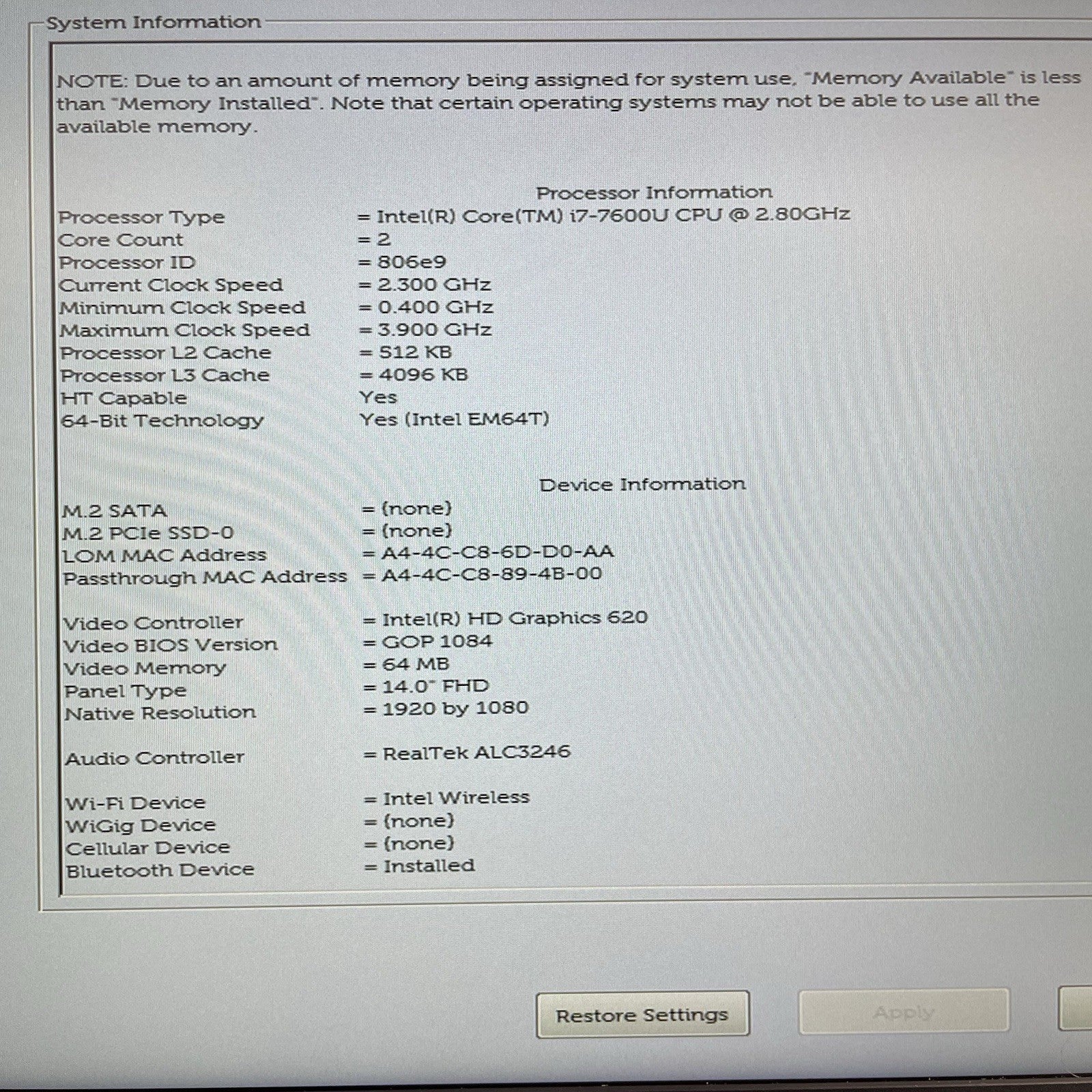 Dell Latitude 7480 14" i7-7600U 2.80 GHz 8 GB RAM No SSD/OS/AC/Batt2