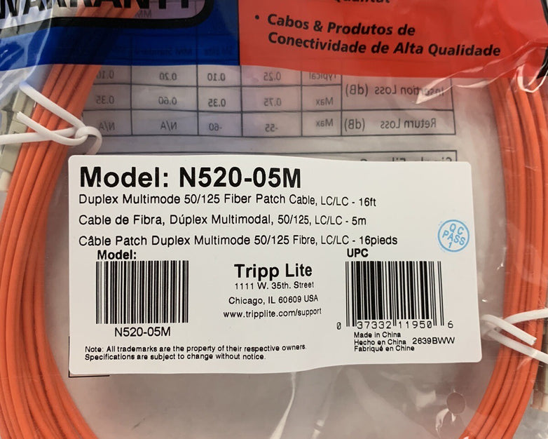 Tripp Lite N520-05M 5m Fiber Optic LC Male to Male Patch Cable - Sealed