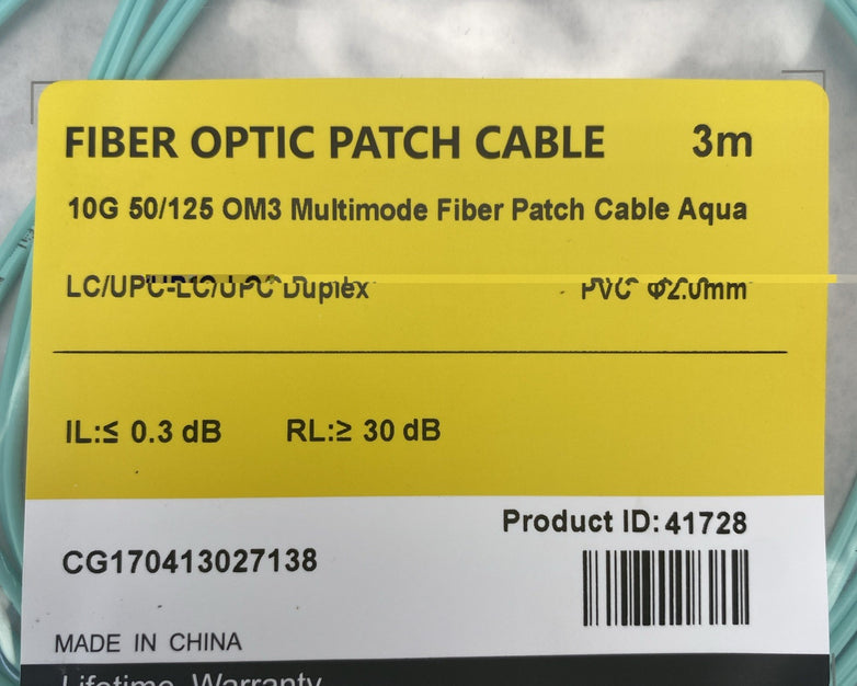 FS.Com Fibre Optic Patch Cable 10G 50/125 OM3 Multimode Color Aqua 3M - Lot Of 5