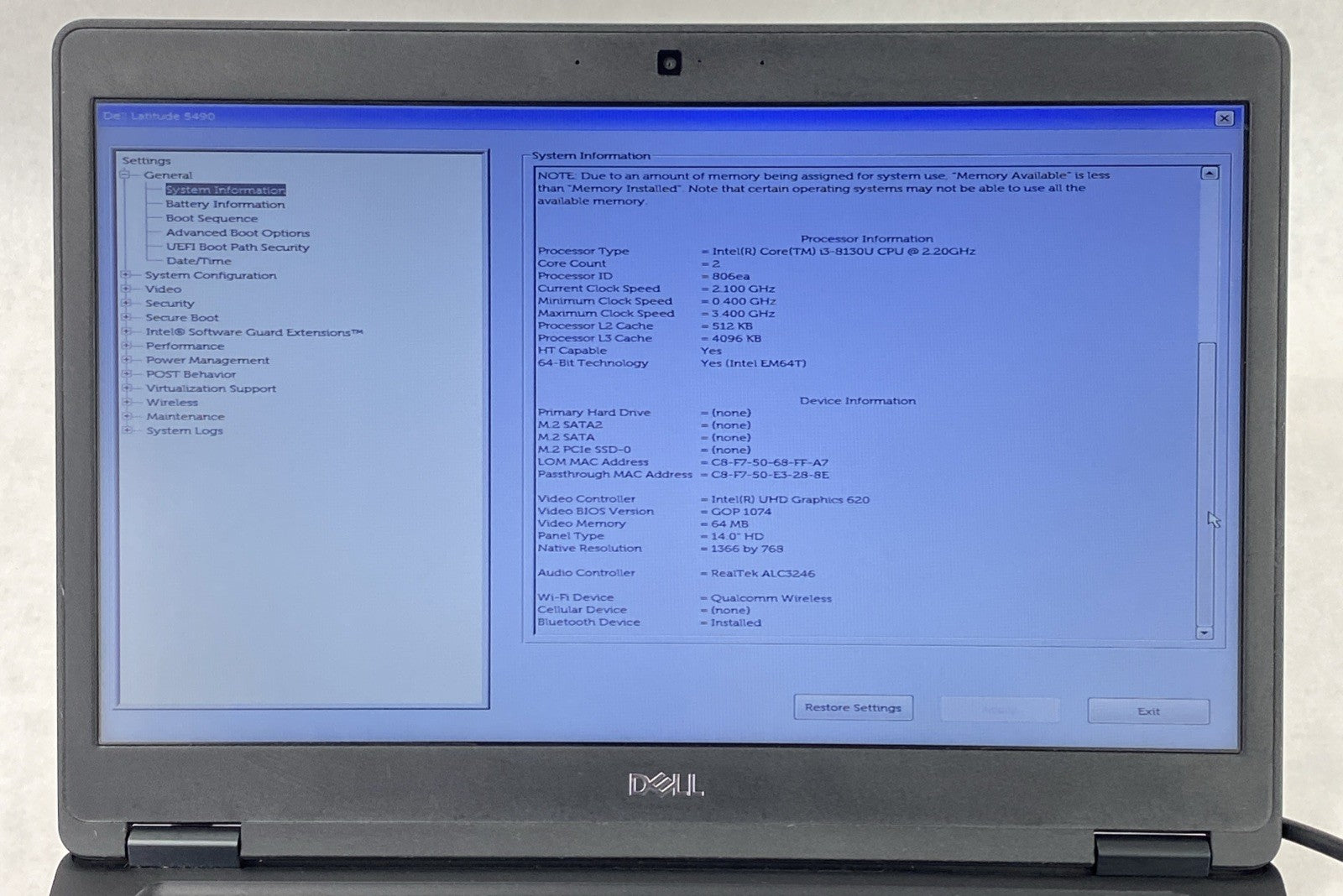 Dell Latitude 5490 Core i3-8130U 2.20 GHz 8 GB RAM 14" No HDD No OS
