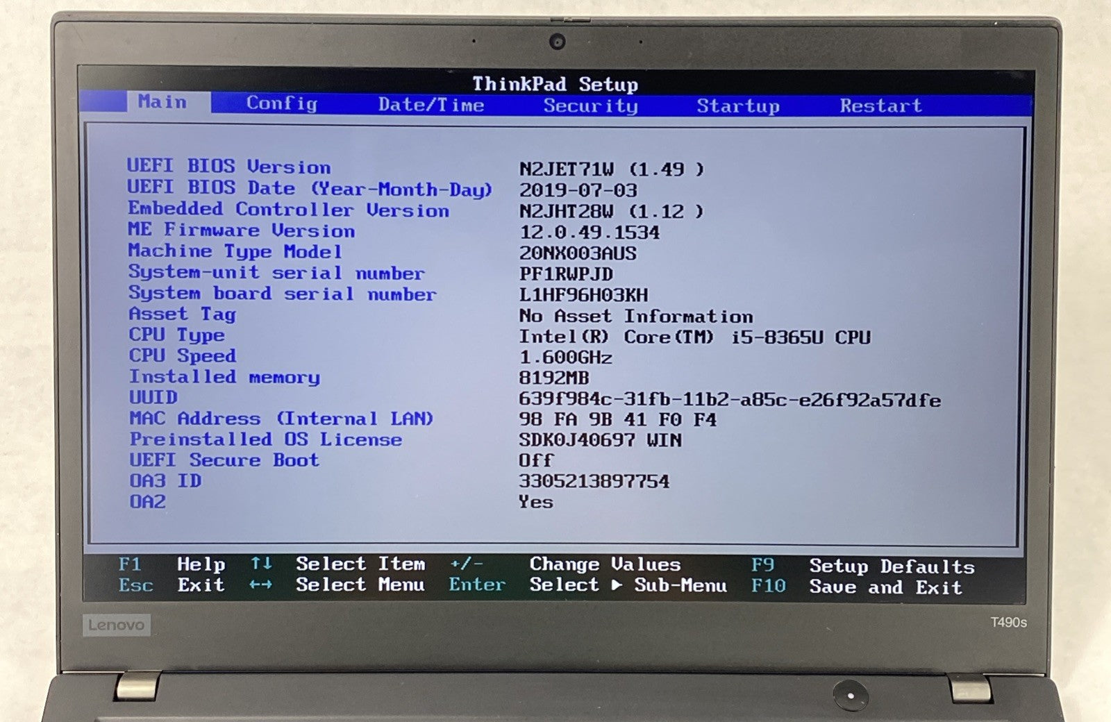 Lenovo ThinkPad T490s Core i5-8365U 1.60 GHz 8GB RAM 14" No Battery No HDD No OS