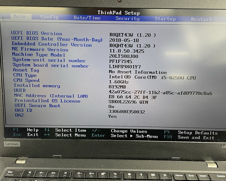 Lenovo ThinkPad L480 14" i5-8250U 1.60 GHz 8 GB RAM No SSD/OS/AC