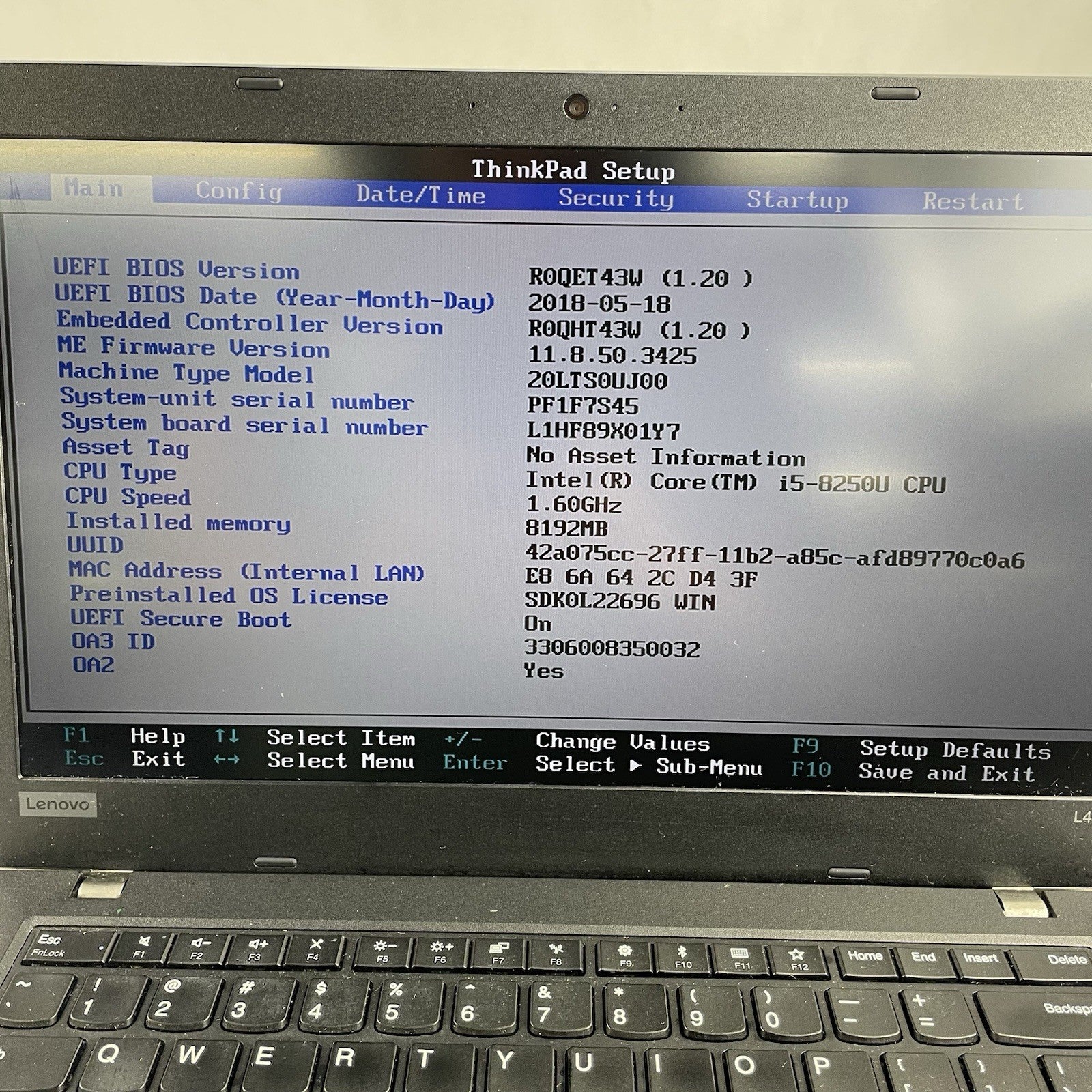 Lenovo ThinkPad L480 14" i5-8250U 1.60 GHz 8 GB RAM No SSD/OS/AC2