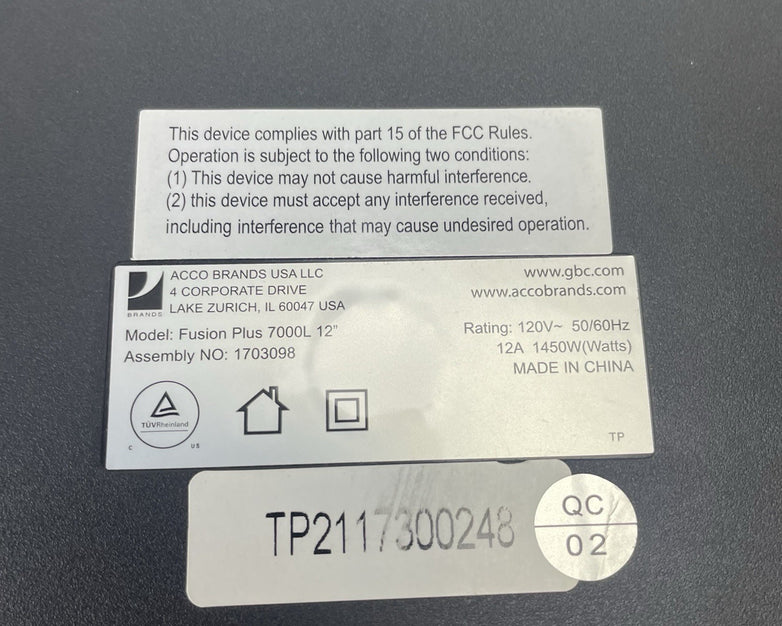 GBC 1703098 Fusion Plus 7000L 120V 12 Tested For Parts