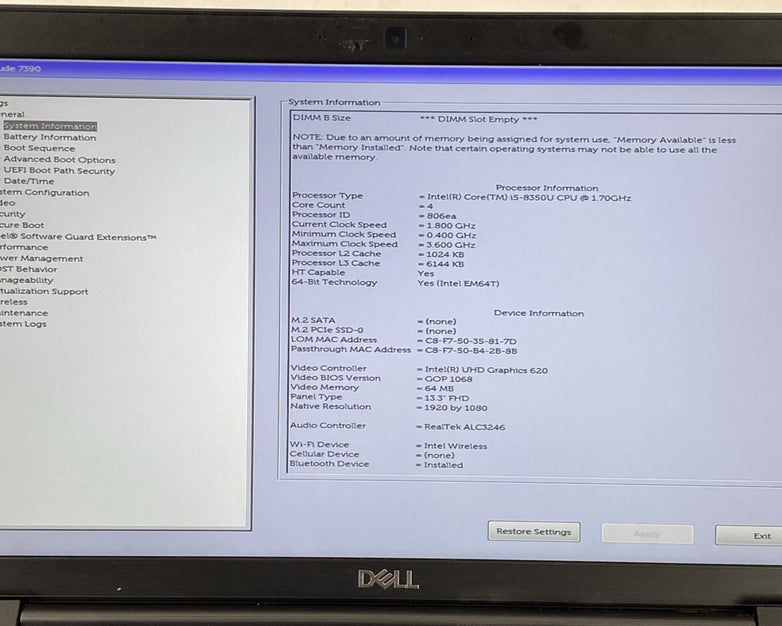 Dell Latitude 7390 2 in 1 i5-8350U 1.70 GHz 8 GB RAM 13.3" No HDD No OS